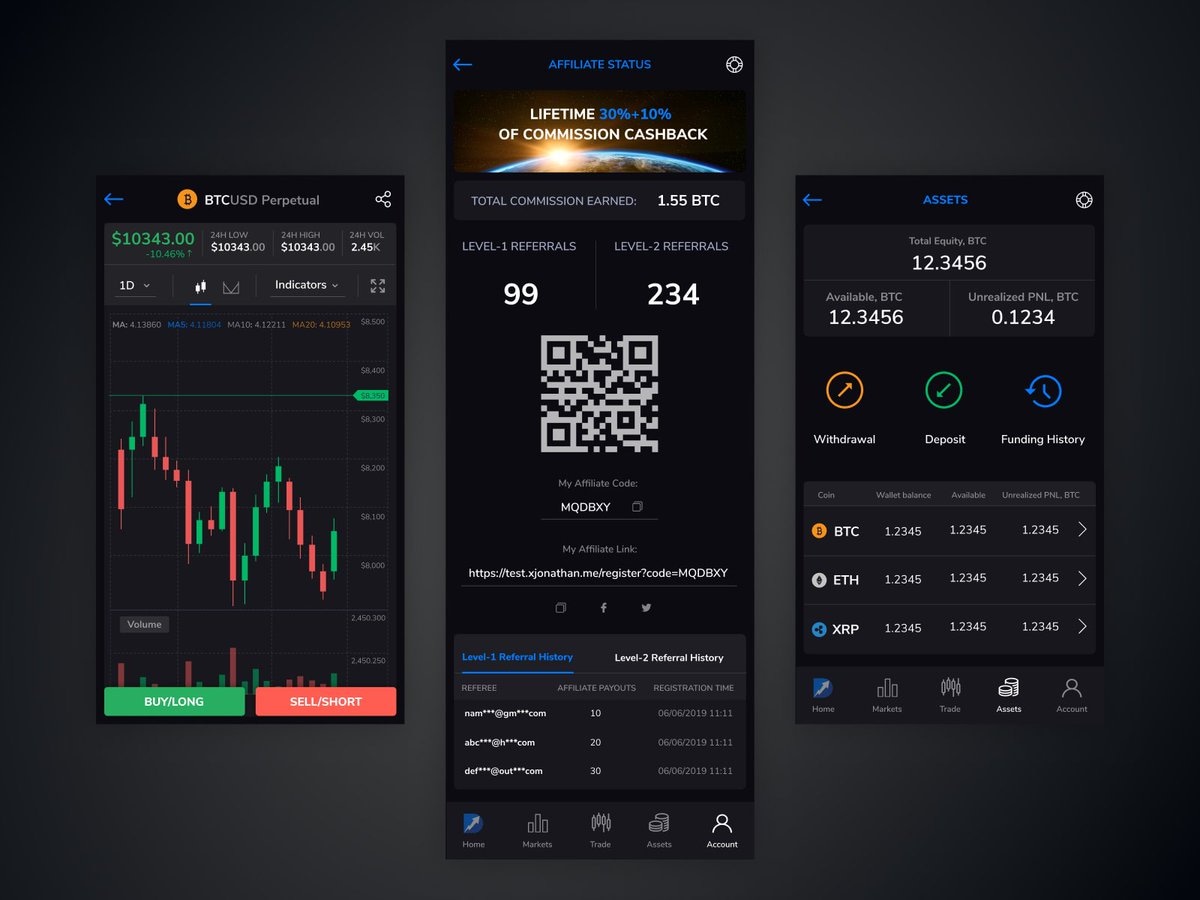 Mobile designs for DueDEX, Crypto Derivatives Trading