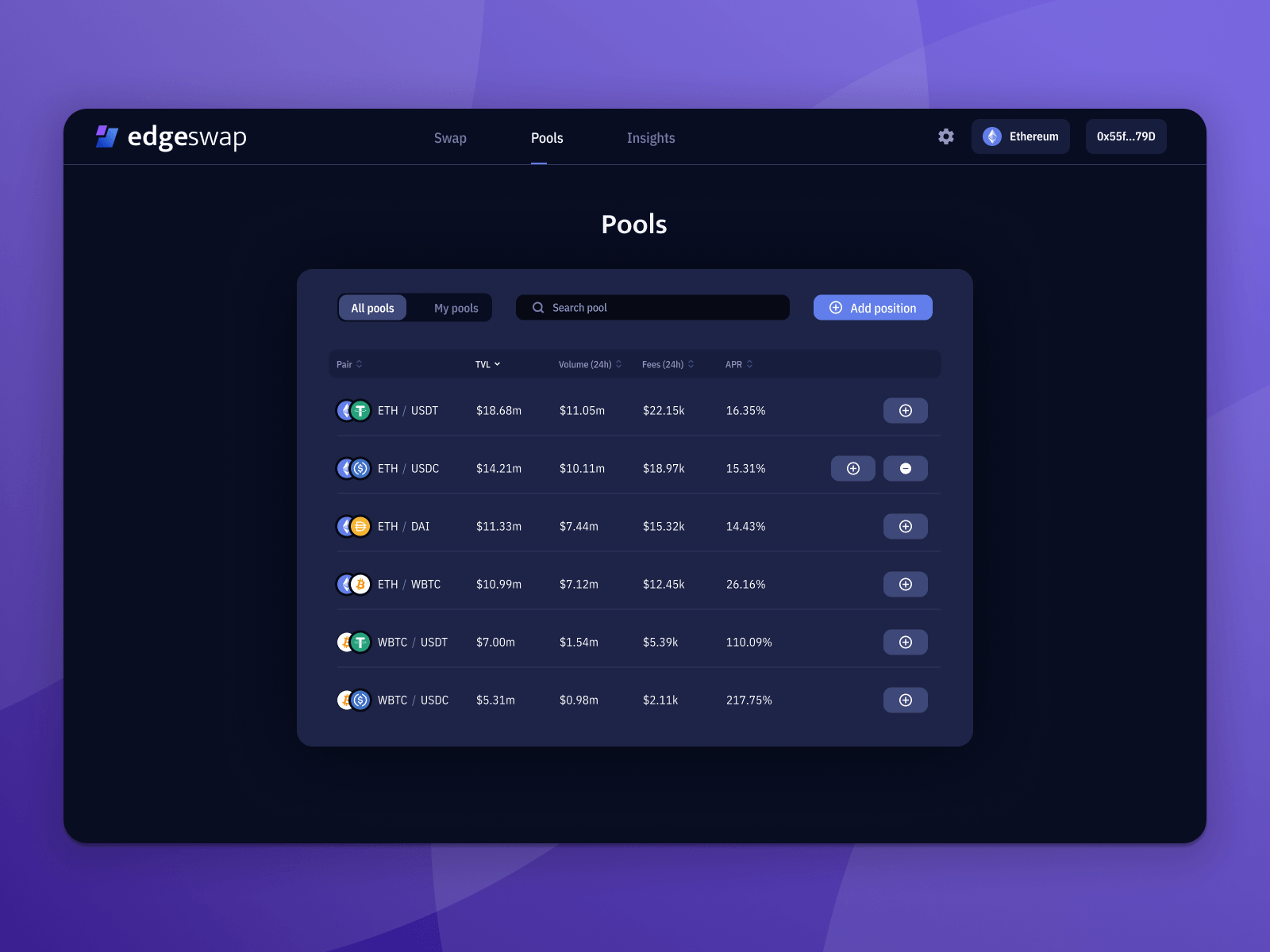 Liquidity Pools Screen Design for edgeSwap DEX