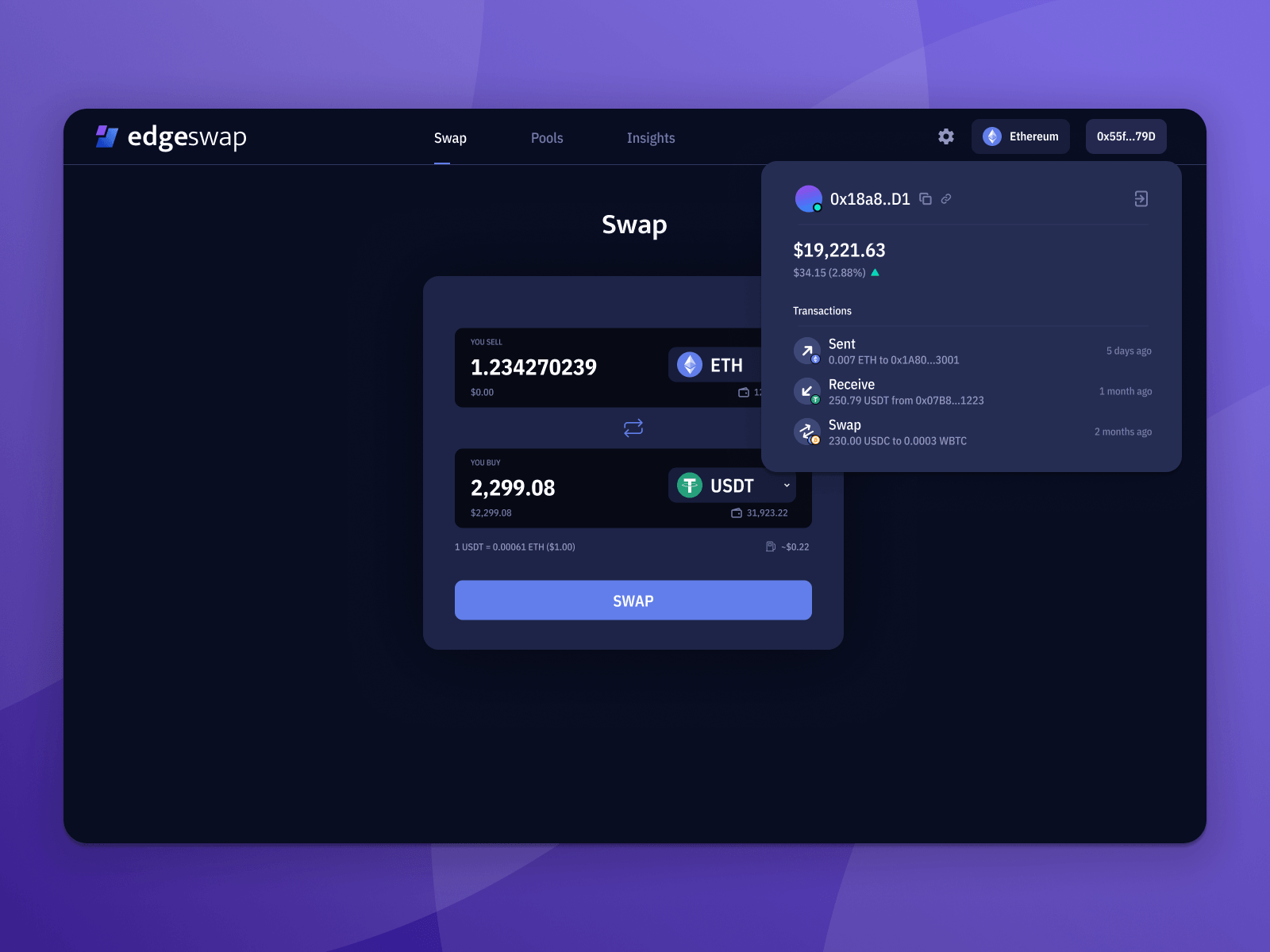 User Wallet UI for edgeSwap Crypto Exchange