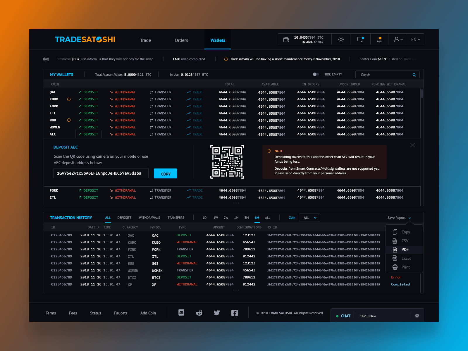 Crypto Wallet & Transaction Dashboard for TradeSatoshi Exchange