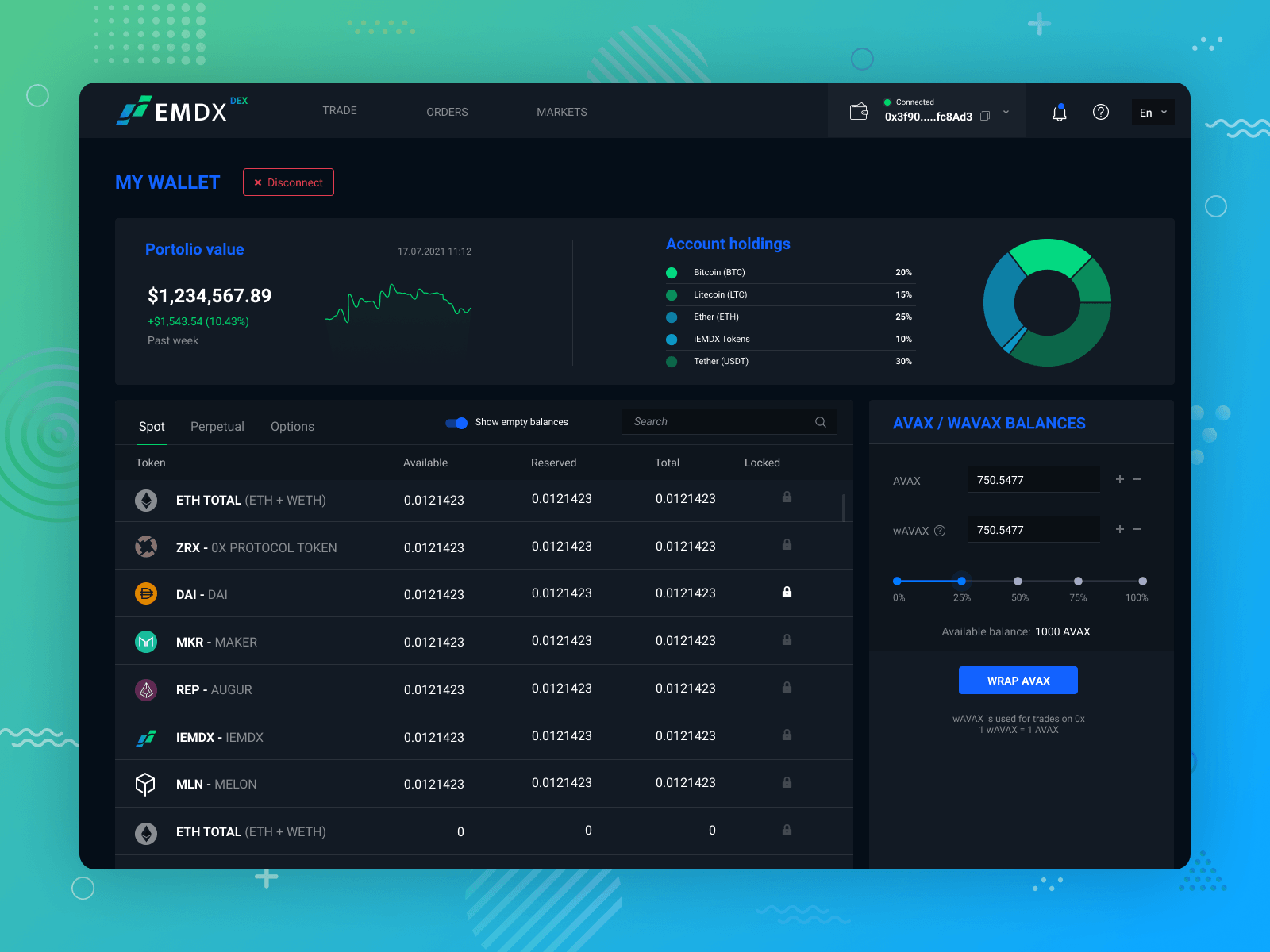 Portfolio Overview and Wallet Screen for EMDX Exchange