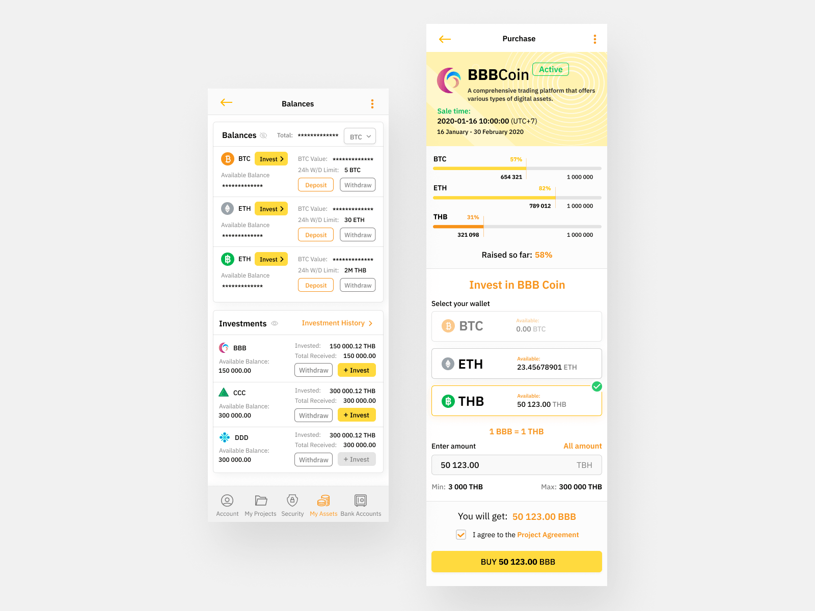 Balance Overview and Token Purchase Screens for evoBit Launchpad