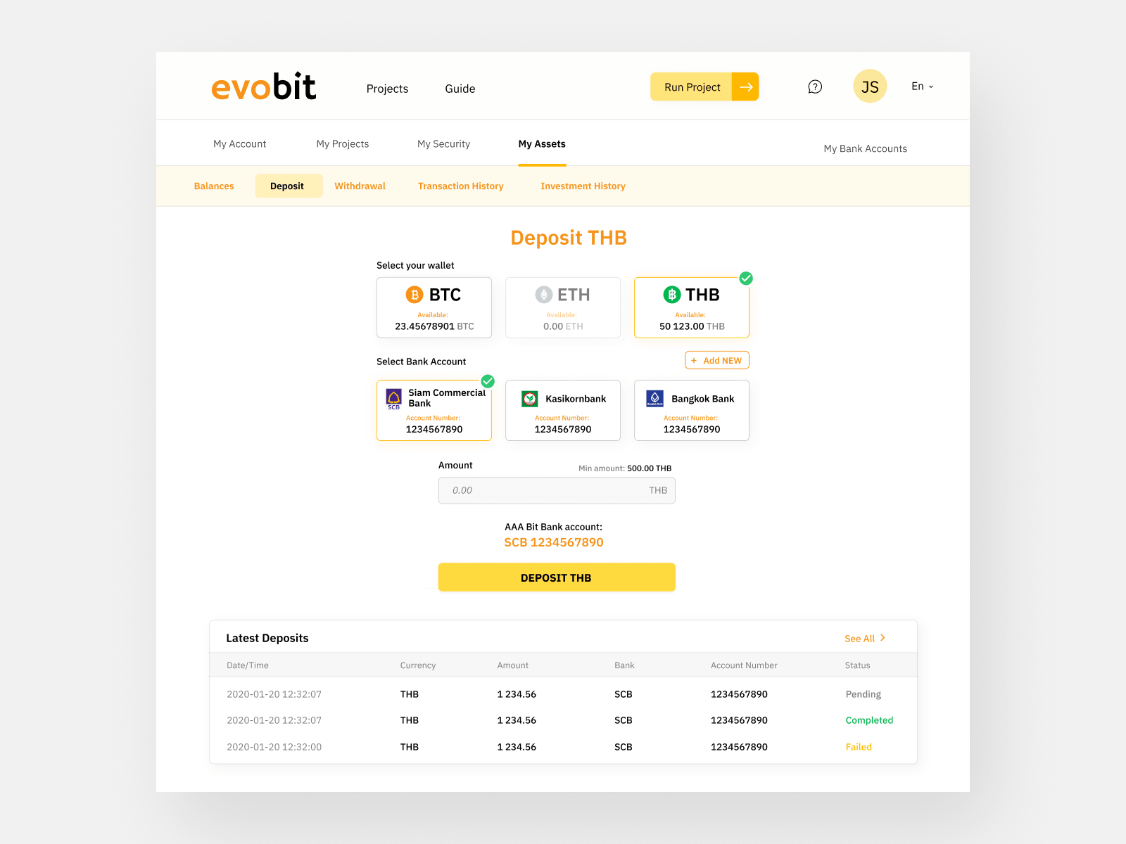 Deposit Funds Screen for evoBit Launchpad