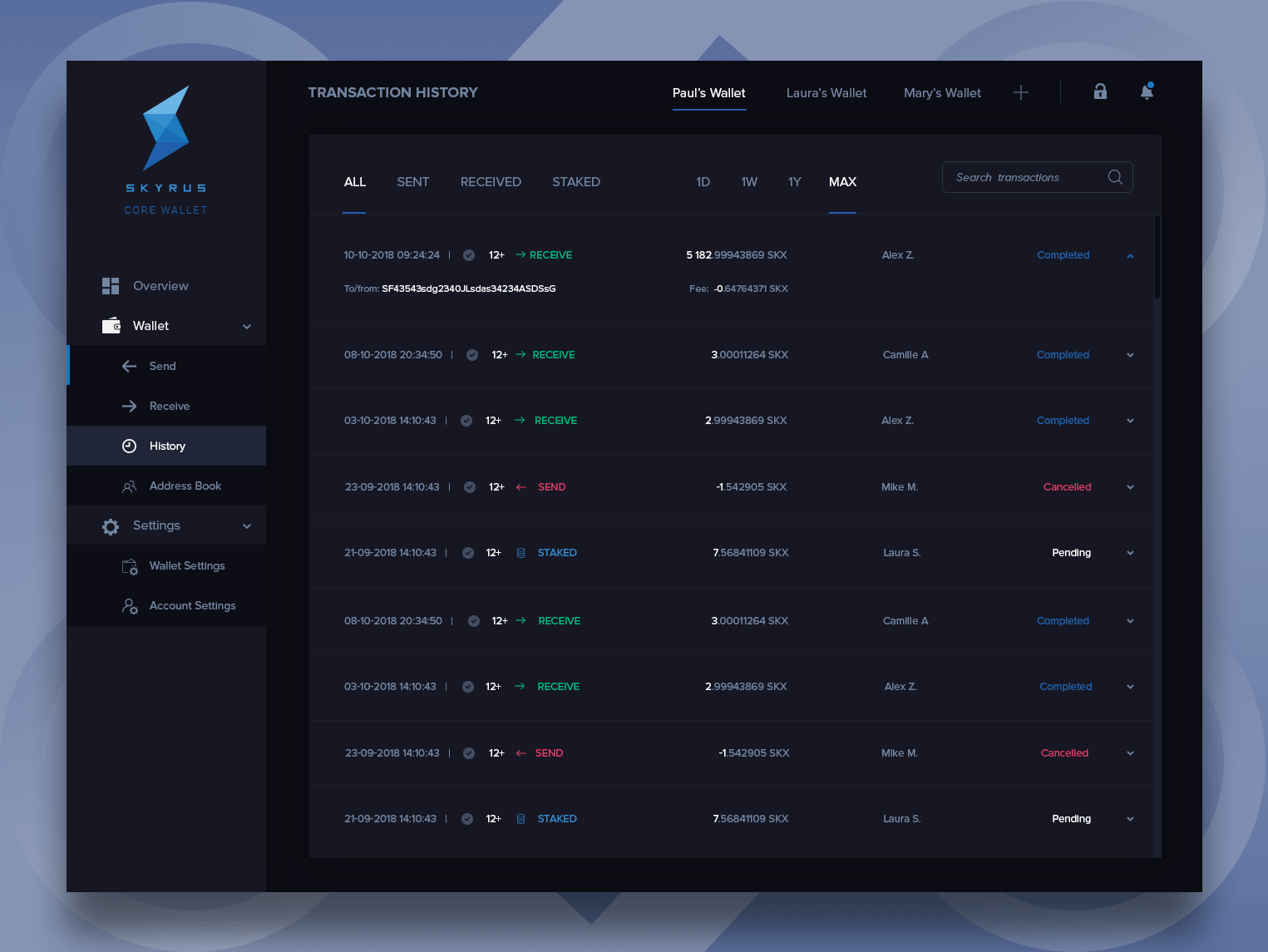 Wallet History for Skyrus Exchange