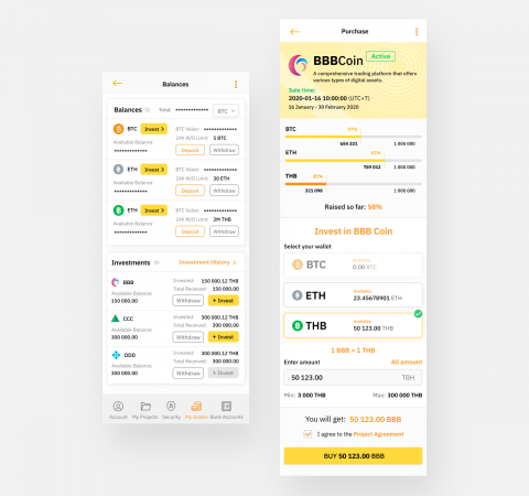 Balance Overview and Token Purchase Screens for evoBit Launchpad