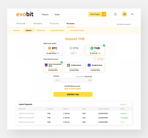 Deposit Funds Screen for evoBit Launchpad